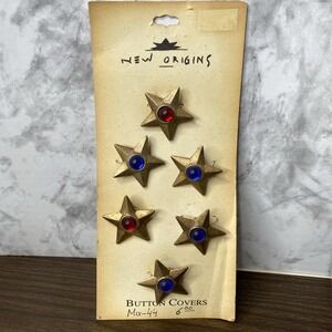6 VTG Star Button Covers Gold Tone with Faux Gem Red & Blue Accent NEW ORIGINS
